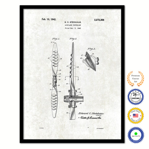 1942 Airplane Propeller Vintage Patent Artwork Black Framed Canvas Print Home Office Decor Great for Pilot Gift