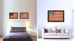 Peace Sign American Military Flag Texture Canvas Print with Brown Picture Frame Home Decor Wall Art Gifts