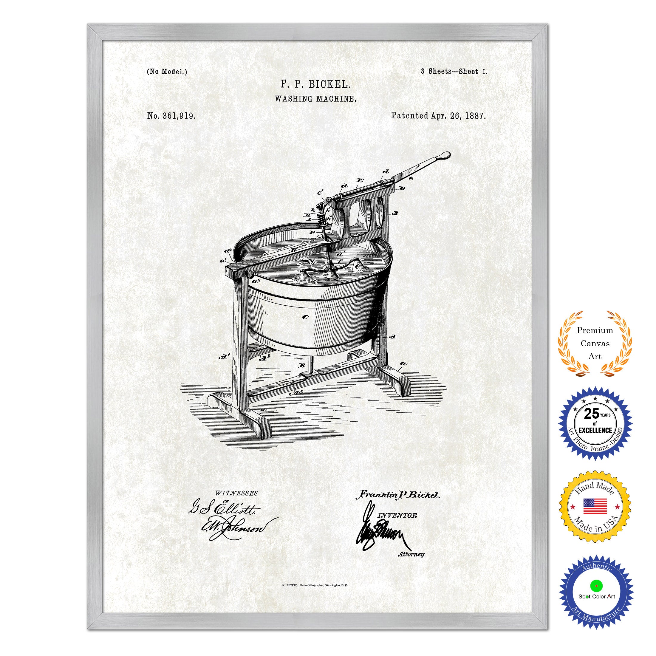 1887 Washing Machine Old Patent Art Print on Canvas Custom Framed Vintage Home Decor Wall Decoration Great for Gifts