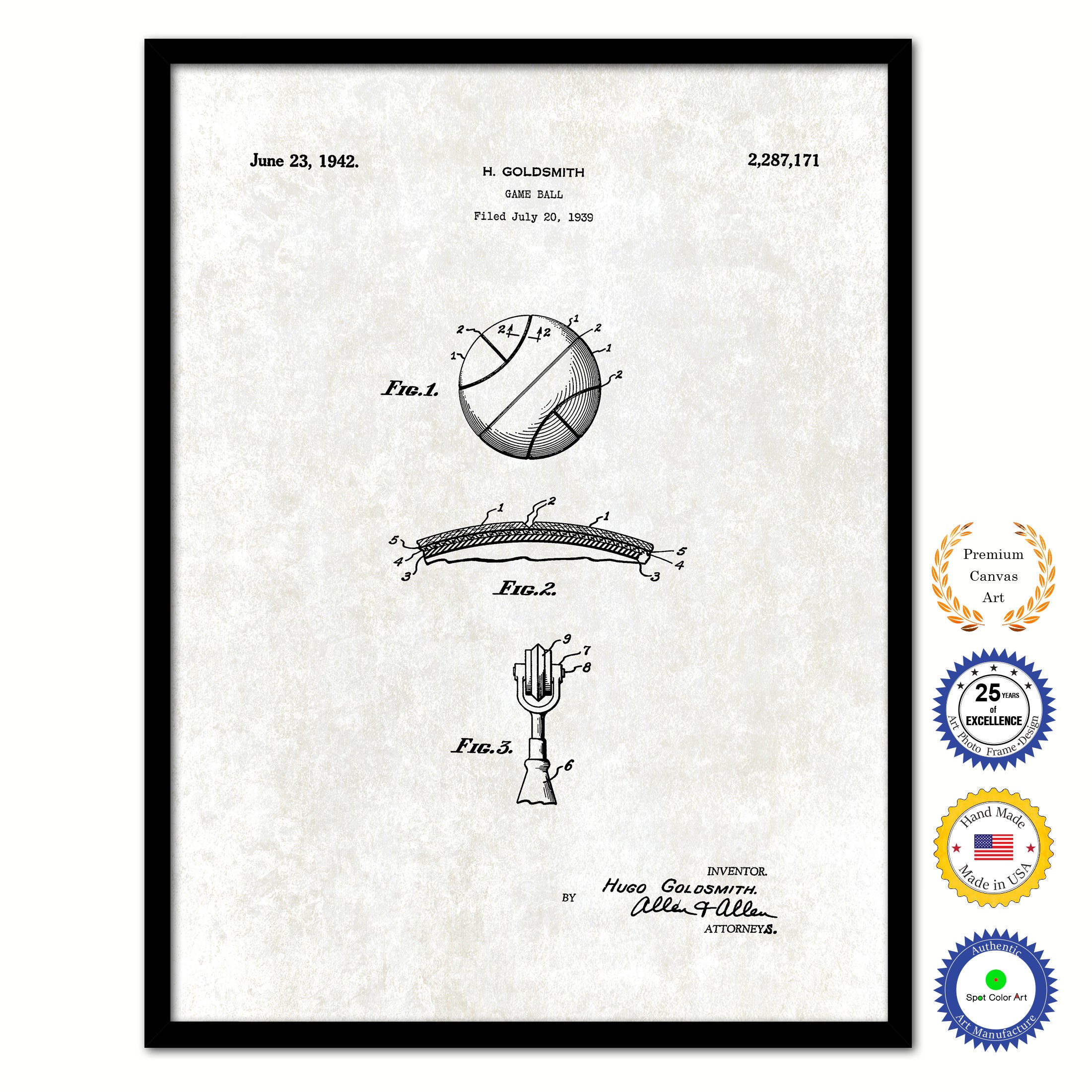 1942 Game Ball Old Patent Art Print on Canvas Custom Framed Vintage Home Decor Wall Decoration Great for Gifts