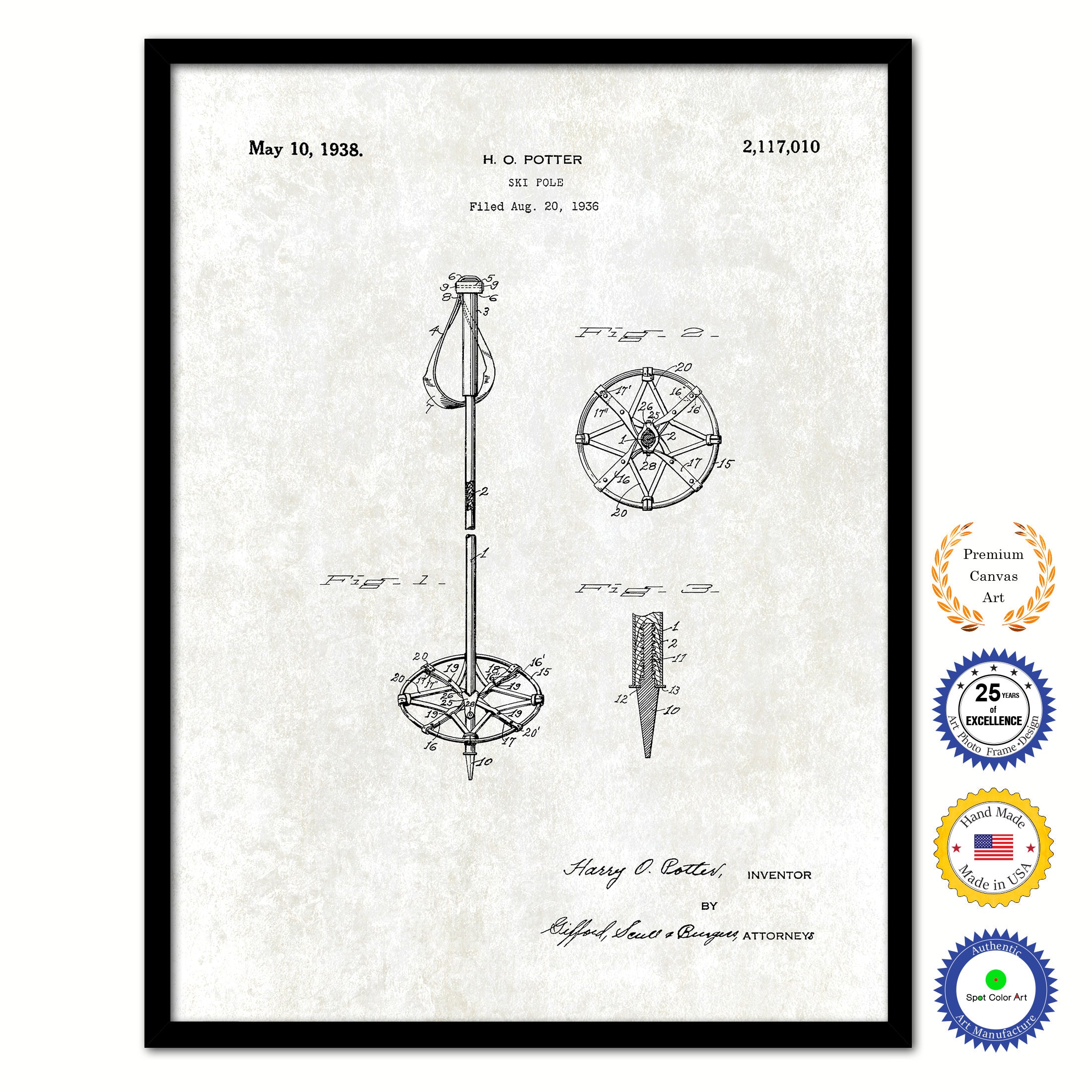 1938 Ski Old Patent Art Print on Canvas Custom Framed Vintage Home Decor Wall Decoration Great for Gifts