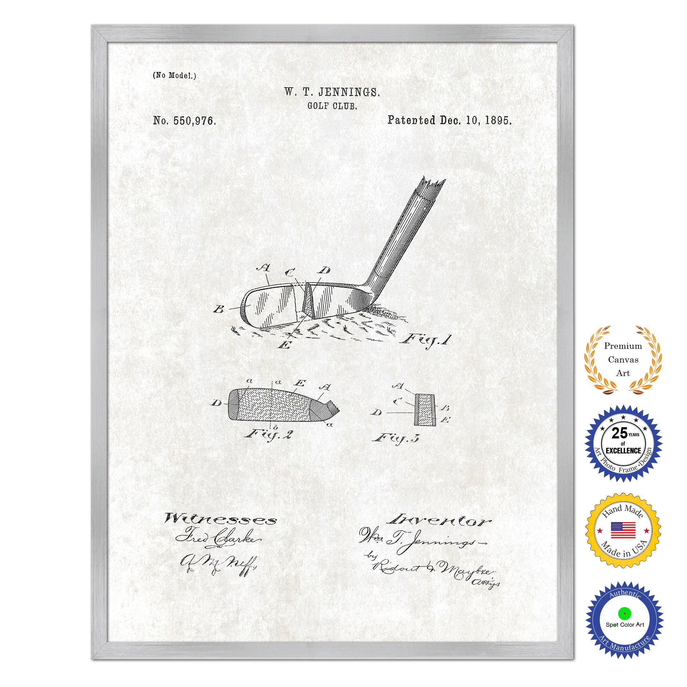 1895 Golf Club Old Patent Art Print on Canvas Custom Framed Vintage Home Decor Wall Decoration Great for Gifts