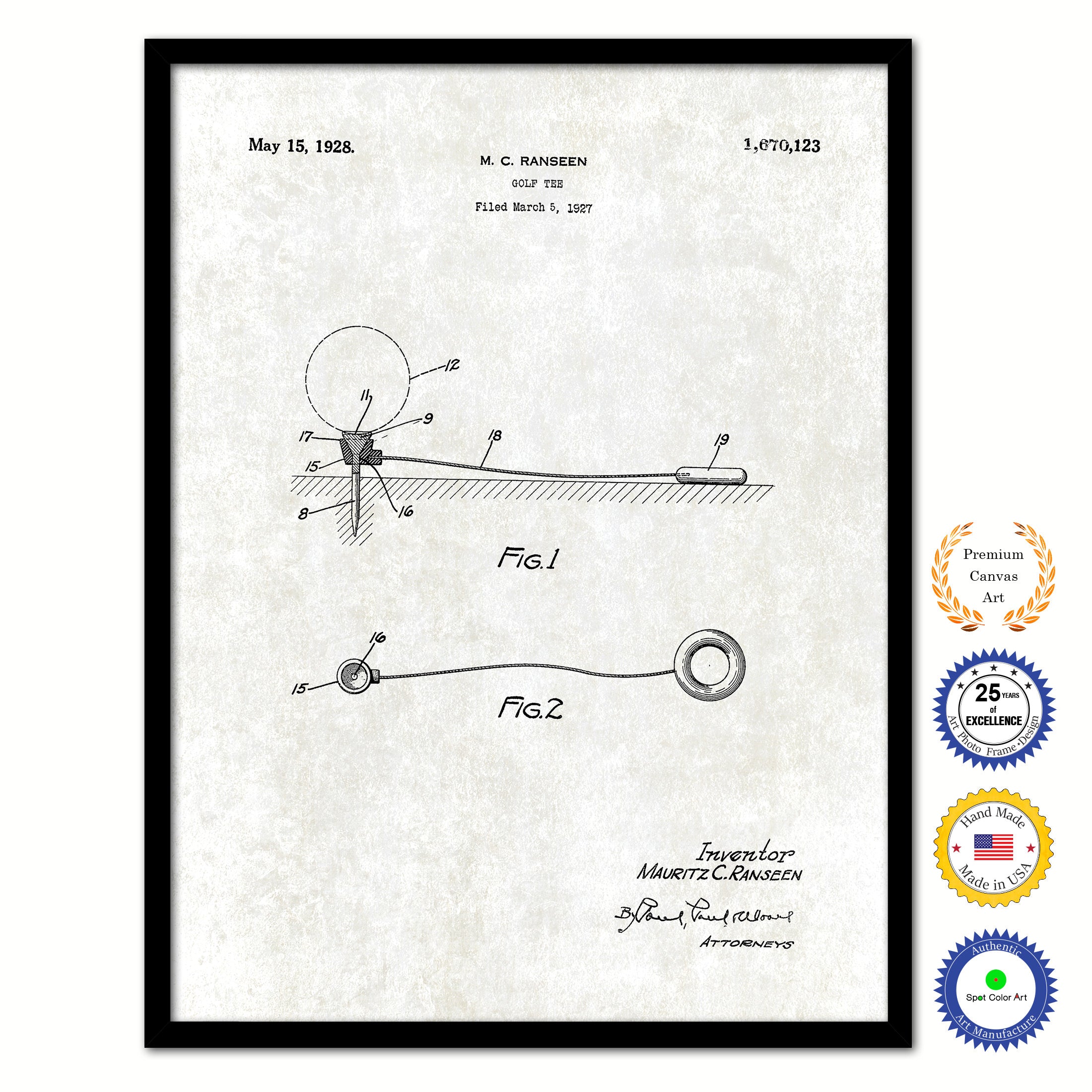 1928 Golf Tee Old Patent Art Print on Canvas Custom Framed Vintage Home Decor Wall Decoration Great for Gifts