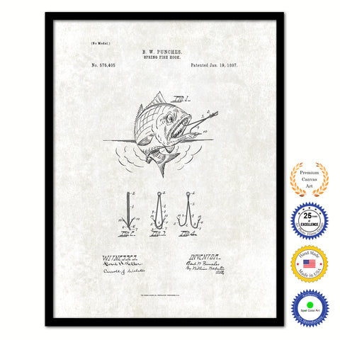 1897 Fishing Spring Fish Hook Vintage Patent Artwork Black Framed Canvas Print Home Office Decor Great for Fisherman Cabin Lake House