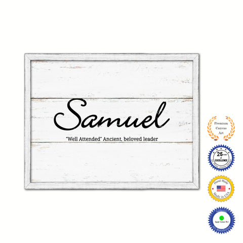 Samuel Name Plate White Wash Wood Frame Canvas Print Boutique Cottage Decor Shabby Chic
