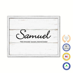 Samuel Name Plate White Wash Wood Frame Canvas Print Boutique Cottage Decor Shabby Chic