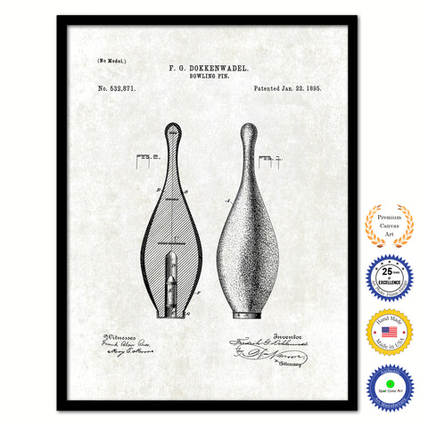 1895 Bowling Pin Old Patent Art Print on Canvas Custom Framed Vintage Home Decor Wall Decoration Great for Gifts