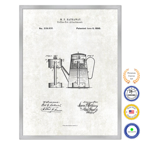 1880 Coffee Pot Attachment Antique Patent Artwork Silver Framed Canvas Print Home Office Decor Great for Coffee Lover Cafe Tea Shop