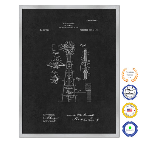 1906 Farming Windmill Antique Patent Artwork Silver Framed Canvas Home Office Decor Great for Farmer Milk Lover Cattle Rancher