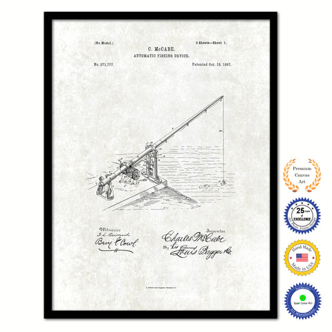 1887 Fishing Automatic Fishing Device Vintage Patent Artwork Black Framed Canvas Print Home Office Decor Great for Fisherman Cabin Lake House