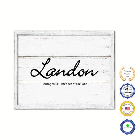 Landon Name Plate White Wash Wood Frame Canvas Print Boutique Cottage Decor Shabby Chic
