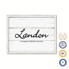 Landon Name Plate White Wash Wood Frame Canvas Print Boutique Cottage Decor Shabby Chic