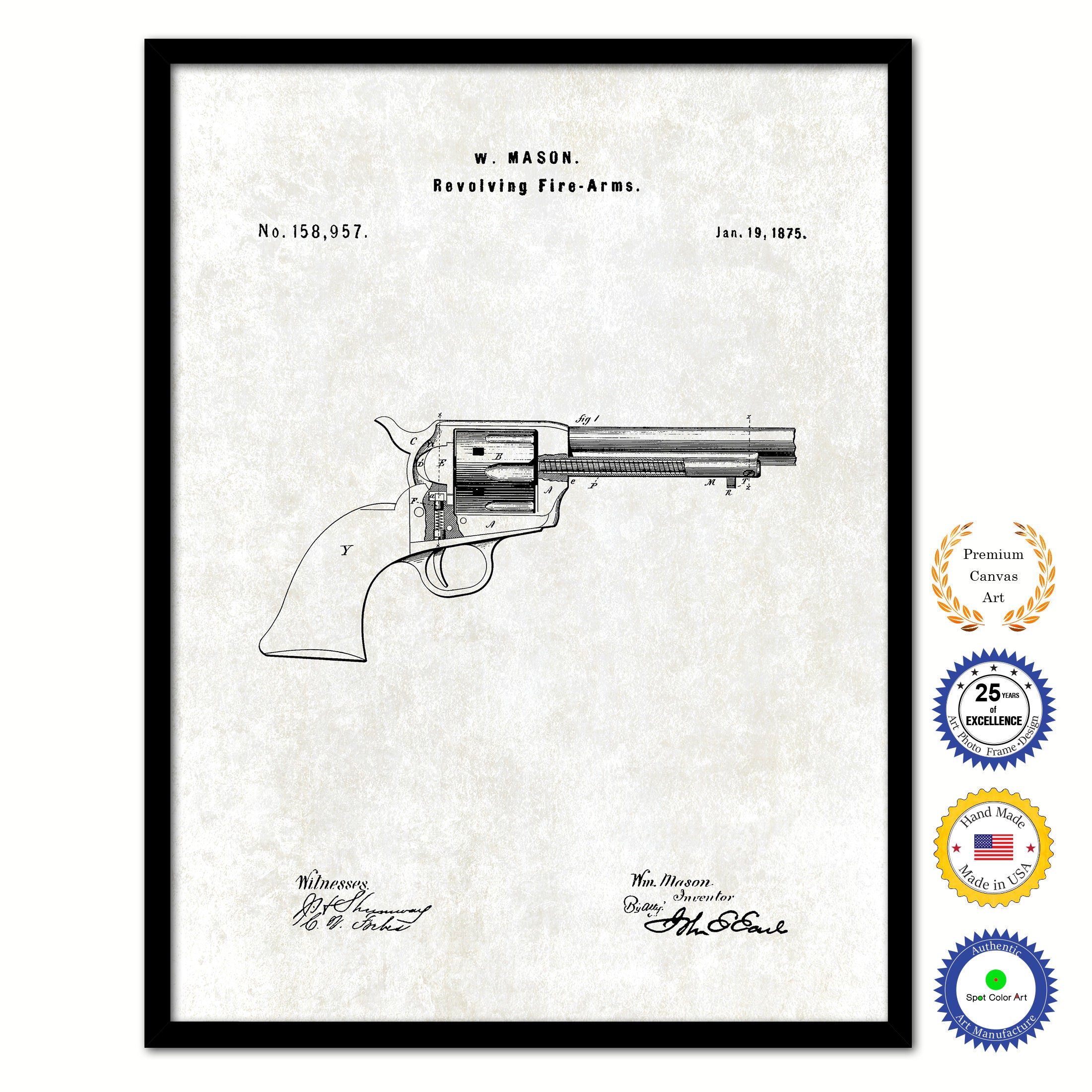 1875 Revolving Fire Arms Old Patent Art Print on Canvas Custom Framed Vintage Home Decor Wall Decoration Great for Gifts