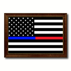 Thin Blue Line Police & Thin Red Line Firefighter Respect & Honor Law Enforcement First Responder American USA Flag Canvas Print with Picture Frame Home Decor Wall Art