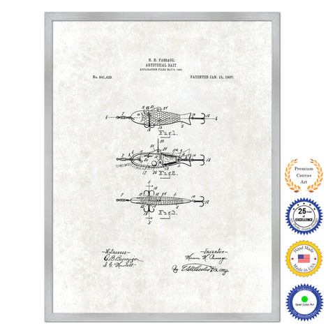 1907 Fishing Artificial Bait Antique Patent Artwork Silver Framed Canvas Print Home Office Decor Great for Fisherman Cabin Lake House