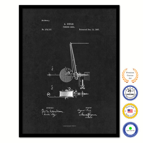 1887 Fishing Reel Vintage Patent Artwork Black Framed Canvas Home Office Decor Great for Fisherman Cabin Lake House