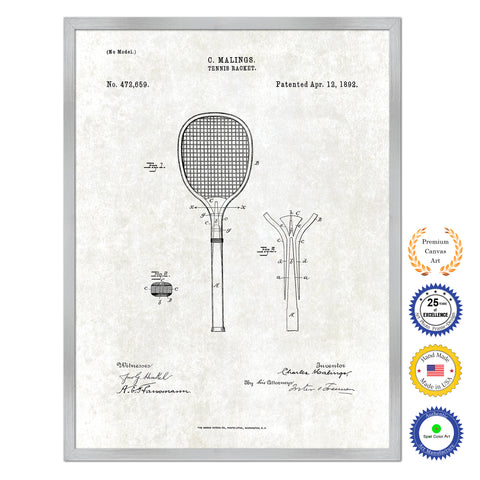 1892 Tennis Racket Old Patent Art Print on Canvas Custom Framed Vintage Home Decor Wall Decoration Great for Gifts