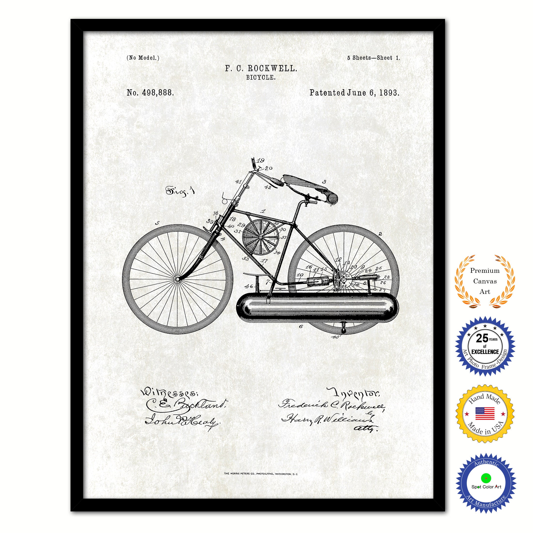 1893 Bicycle Old Patent Art Print on Canvas Custom Framed Vintage Home Decor Wall Decoration Great for Gifts