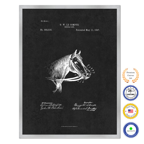 1897 Farming Horse Bridle Bit Antique Patent Artwork Silver Framed Canvas Home Office Decor Great for Farmer Milk Lover Cattle Rancher