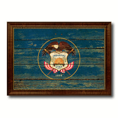 Utah State Vintage Flag Canvas Print with Brown Picture Frame Home Decor Man Cave Wall Art Collectible Decoration Artwork Gifts