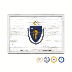 Massachusetts State Flag Shabby Chic Gifts Home Decor Wall Art Canvas Print, White Wash Wood Frame