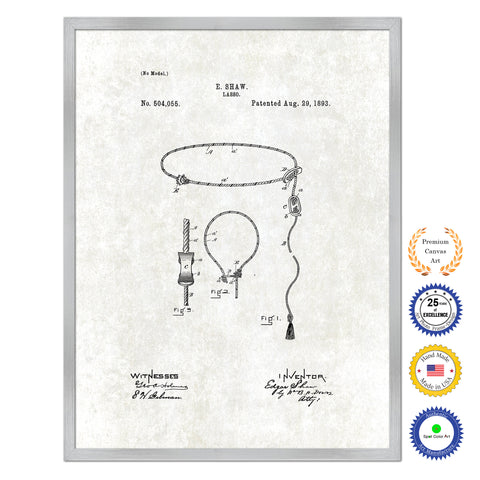 1893 Cowboy Lasso Antique Patent Artwork Silver Framed Canvas Print Home Office Decor Great for Cowboy Cowgirl Horseback Rider