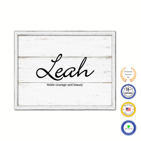 Leah Name Plate White Wash Wood Frame Canvas Print Boutique Cottage Decor Shabby Chic