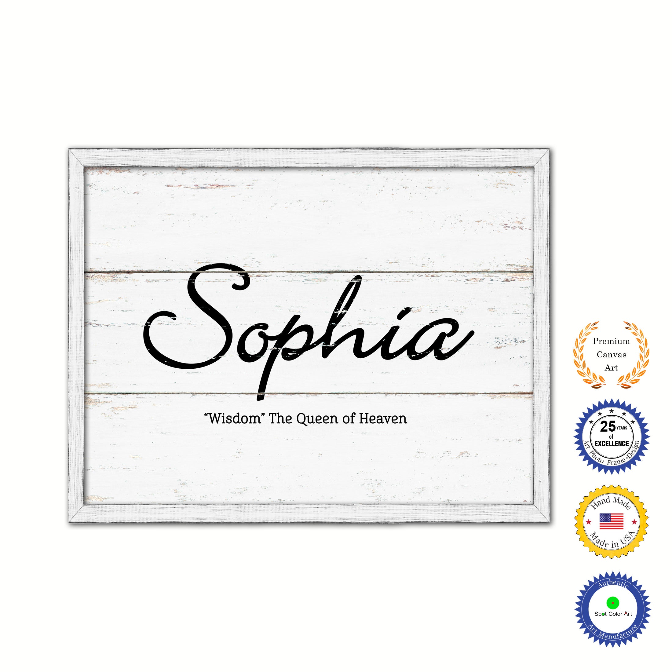 Sophia Name Plate White Wash Wood Frame Canvas Print Boutique Cottage Decor Shabby Chic