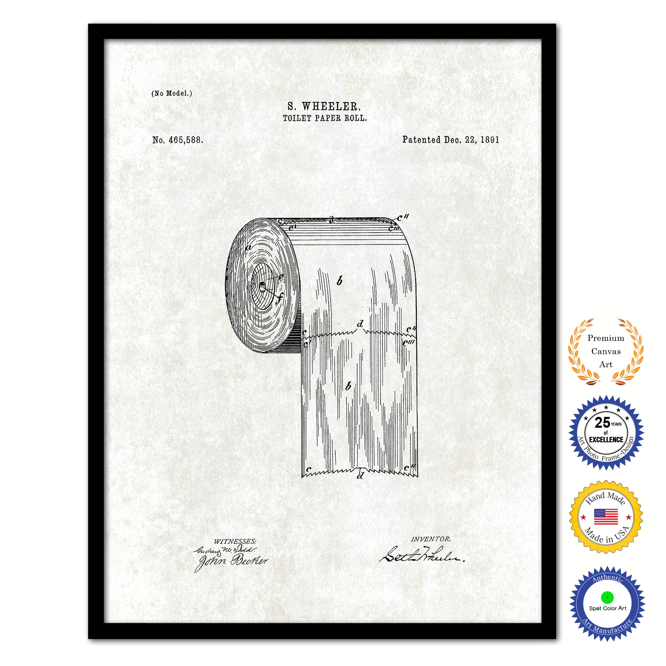 1891 Toilet Paper Roll Old Patent Art Print on Canvas Custom Framed Vintage Home Decor Wall Decoration Great for Gifts