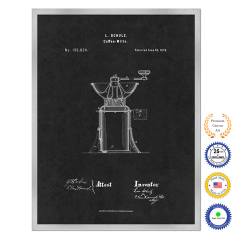 1873 Coffee Mill Grinder Antique Patent Artwork Silver Framed Canvas Home Office Decor Great for Coffee Spice Lover Cafe Shop