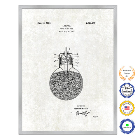 1955 Photo Flash Bulb Antique Patent Artwork Silver Framed Canvas Print Home Office Decor Great Gift for Photographer